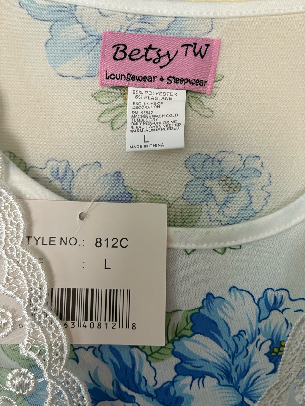 Women's Blue Floral Pajama Set with Lace Trim - Picture 3 of 5